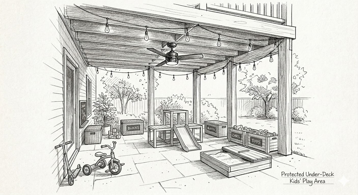 Protected under deck kids play area