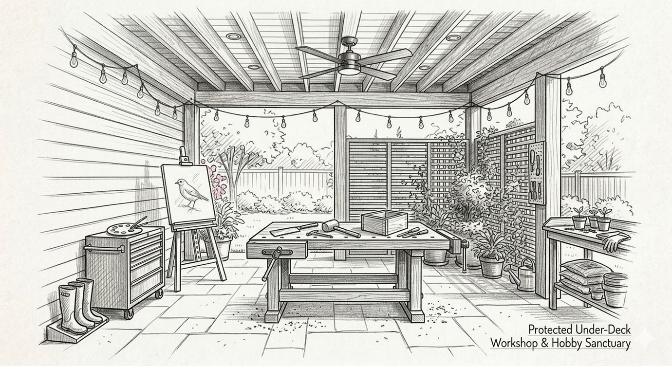 Protected under deck workshop and hobby sanctuary