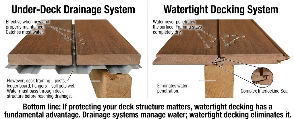 Watertight effectiveness against under deck drainage systems