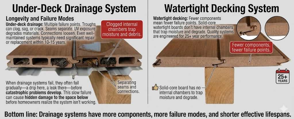 Longevity and failure modes of under deck drainage systems